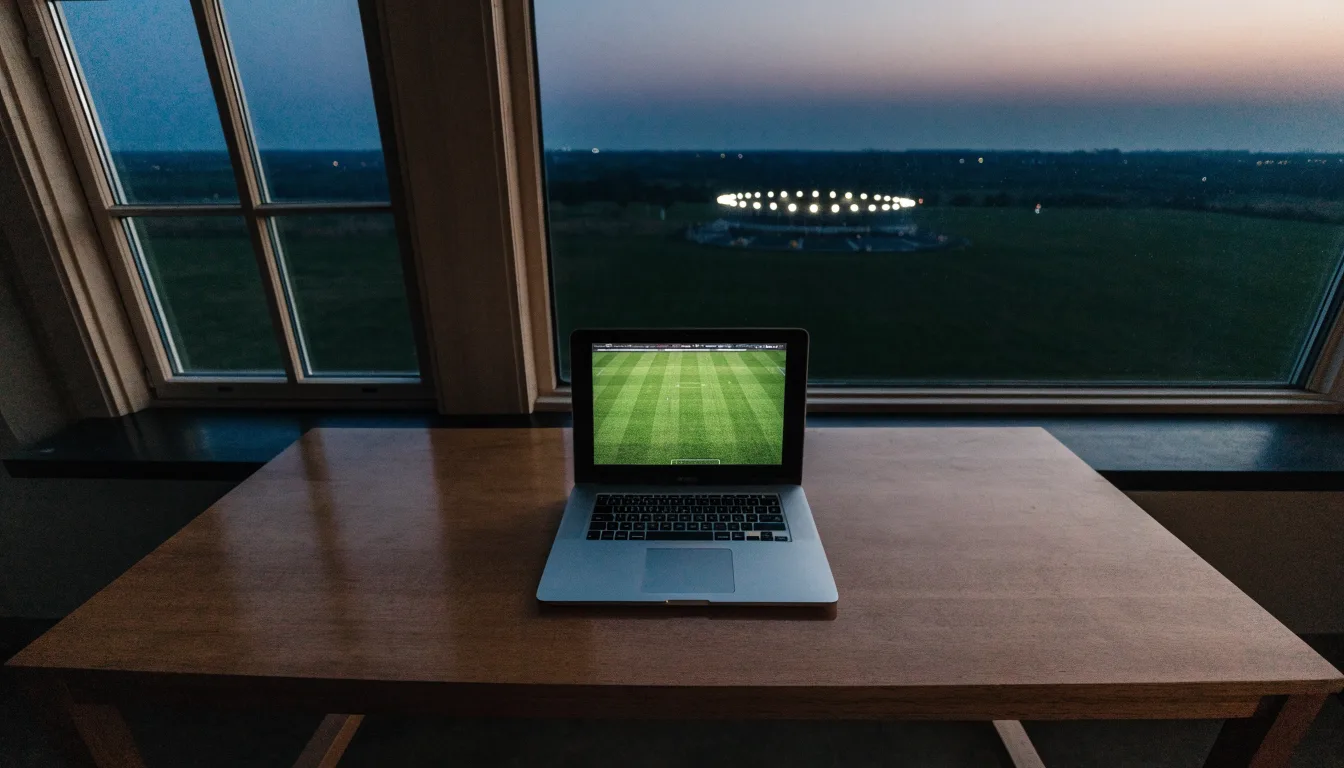 Ein beleuchtetes Stadion aus großer Distanz am Abend, im Vordergrund ein Feldweg.