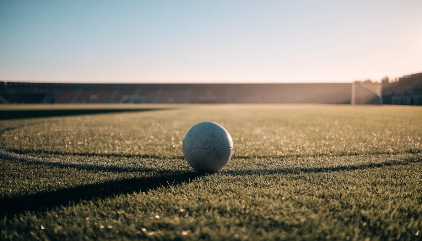 Ein Fußball liegt am Rand des Mittelkreises auf einem leeren Rasenplatz bei Sonnenaufgang.