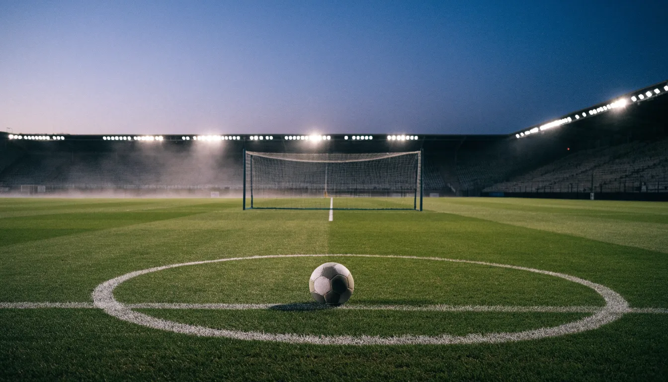 Ein Fußball liegt auf dem Anstoßpunkt eines leeren Rasenplatzes, im Hintergrund ein Stadion unter Flutlicht in der Abenddämmerung.
