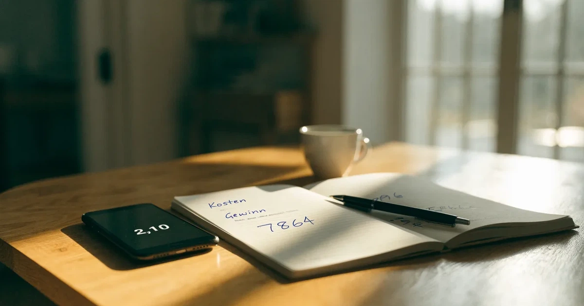 Ein Notizbuch mit handschriftlichen Rechnungen und ein Taschenrechner liegen auf einem Schreibtisch neben einer Tasse Kaffee im Licht des frühen Morgens.