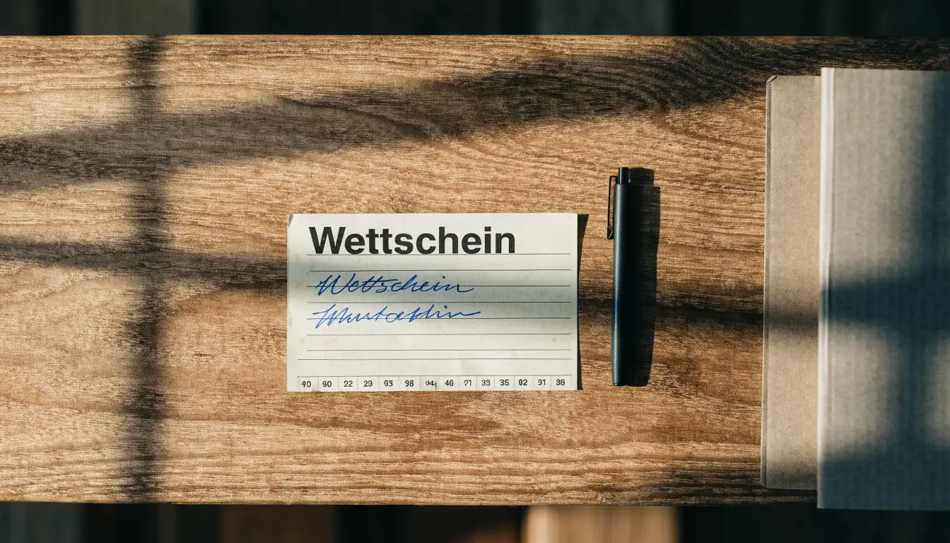 Ein leerer Wettschein aus Papier liegt neben einem Stift auf einer hölzernen Theke, weiches Licht fällt von der Seite ein.