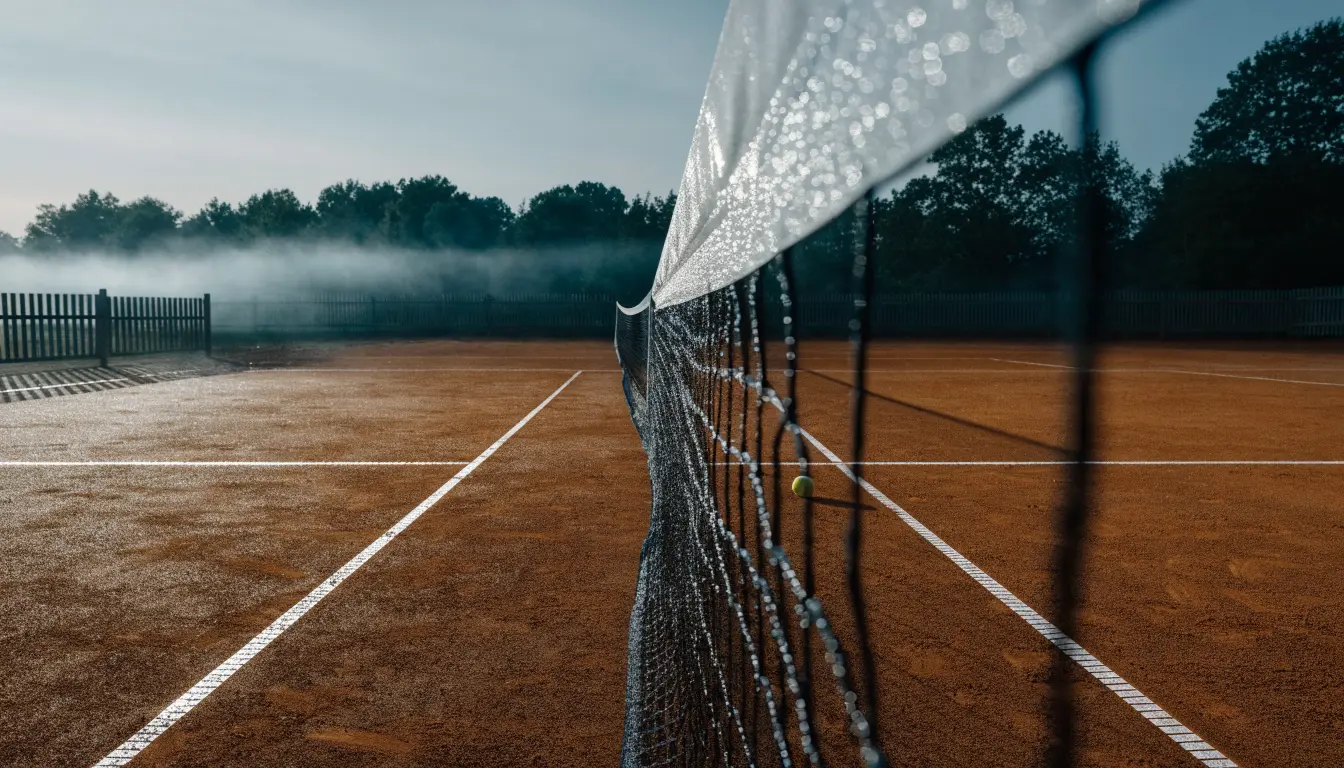 Ein Tennisplatz im Morgengrauen, das Netz und die Linien liegen im Tau, im Hintergrund leichter Nebel und kein Mensch zu sehen.