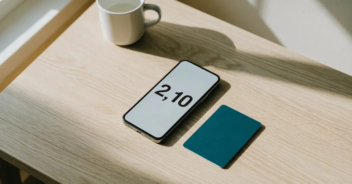 Ein Smartphone mit dunklem Display liegt neben einer schlichten Plastikkarte ohne Aufdruck auf einem hellen Schreibtisch.