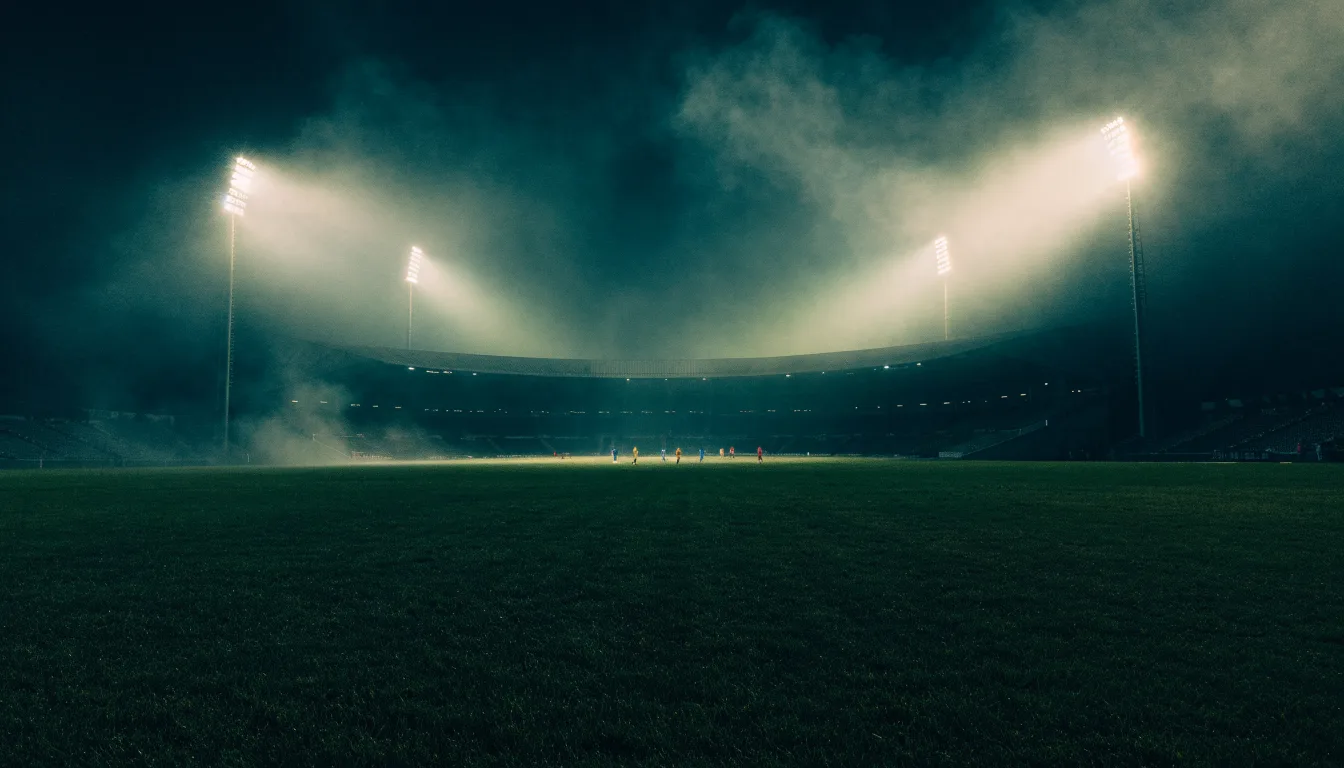 Ein Stadion unter Flutlicht, aus großer Entfernung über eine dunkle Wiese fotografiert, am Himmel zieht Nebel auf.