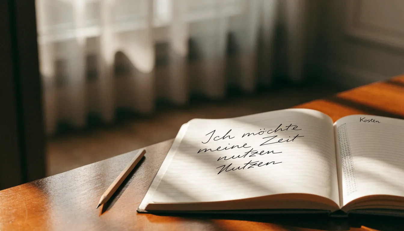 Ein Notizbuch mit handschriftlichen Notizen und ein Bleistift liegen auf einem Schreibtisch am Fenster, draußen fällt Morgenlicht herein.
