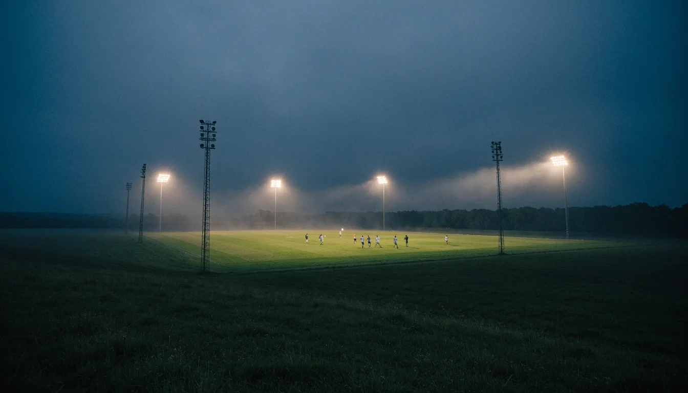 Ein Stadion unter Flutlicht, aus großer Entfernung über eine dunkle Wiese fotografiert, am Himmel zieht Nebel auf.