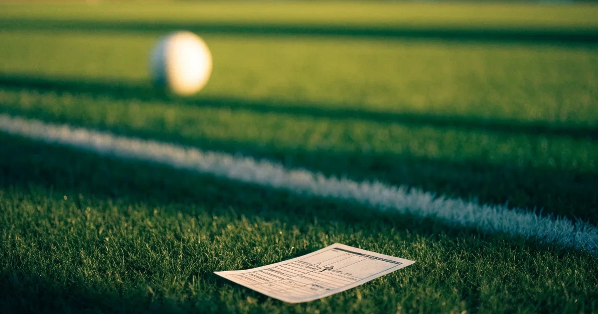 Ein verschlossener leerer Briefumschlag liegt neben einem Fußball auf grünem Rasen im warmen Licht des Nachmittags.