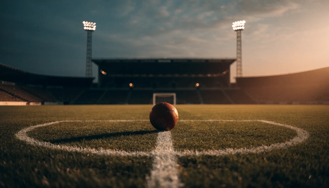 Ein Fußball liegt auf dem Anstoßpunkt eines leeren Rasenplatzes, im Hintergrund steht ein Stadion unter Flutlicht in der Dämmerung.