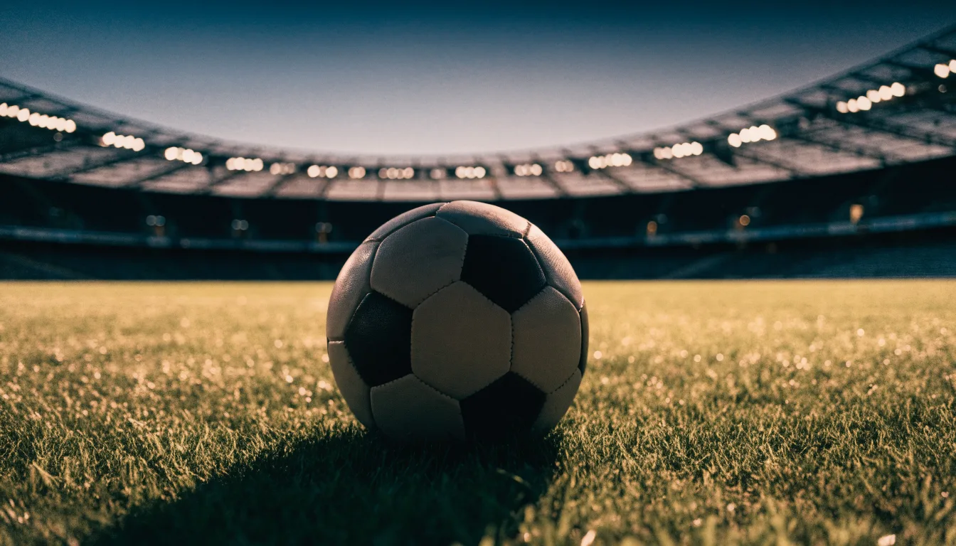 Ein Fußball liegt auf dem Rasen eines leeren Platzes, im Hintergrund ein Stadion unter Flutlicht in der Abenddämmerung.