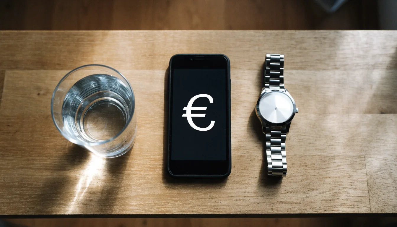 Ein Smartphone liegt mit dem Display nach unten auf einem Küchentisch, daneben stehen ein Glas Wasser und eine Armbanduhr.