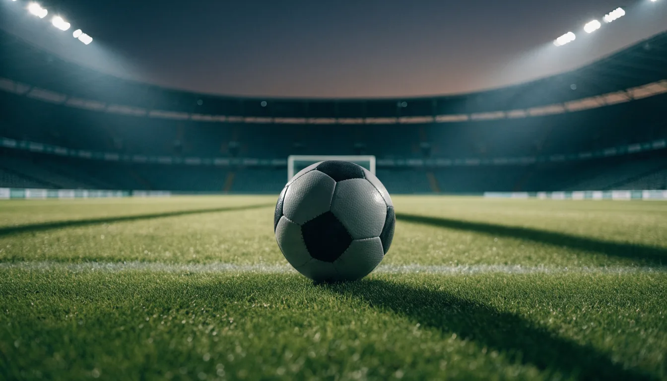 Ein Fußball liegt auf dem Anstoßpunkt eines leeren Rasenplatzes, im Hintergrund steht ein Stadion unter Flutlicht in der Dämmerung.