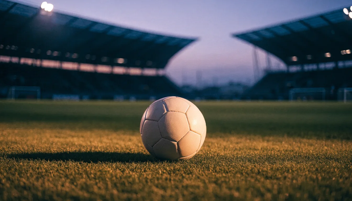 Ein Fußball liegt auf dem Rasen eines leeren Platzes, im Hintergrund ein Stadion unter Flutlicht in der Abenddämmerung.