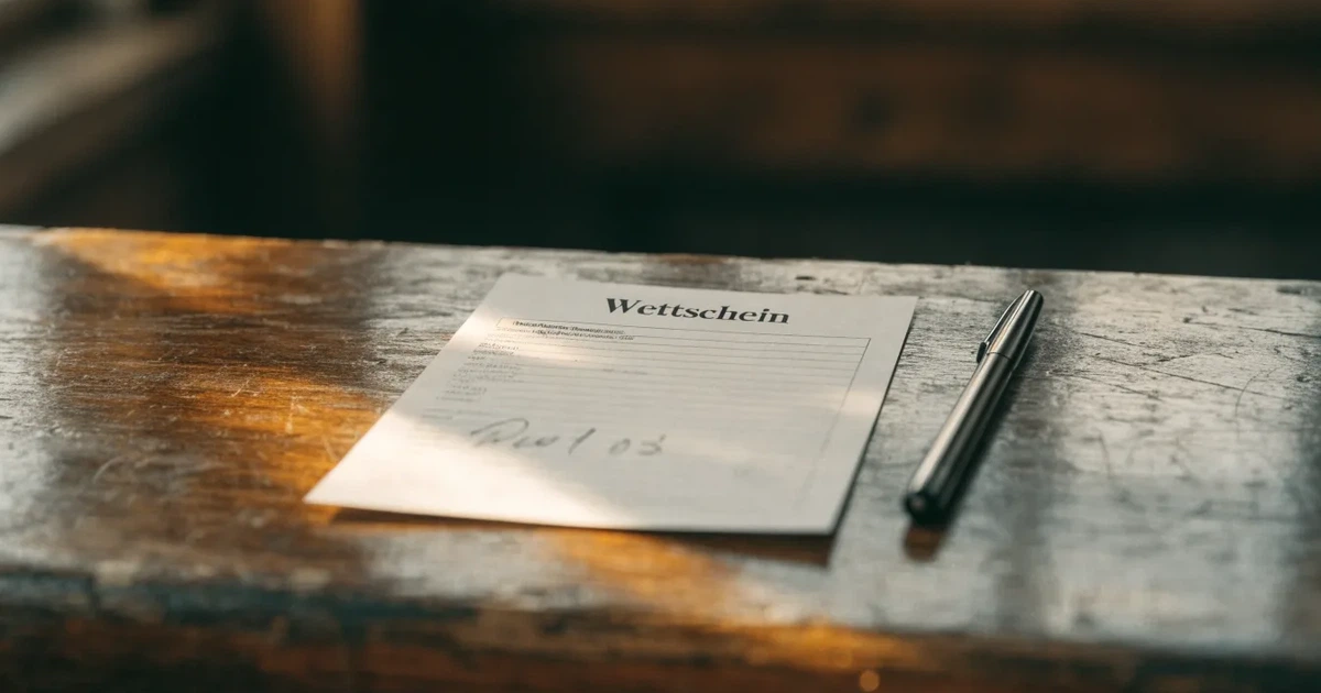 Ein leerer Wettschein aus Papier liegt neben einem Stift auf einer hölzernen Theke, weiches Licht fällt von der Seite ein.