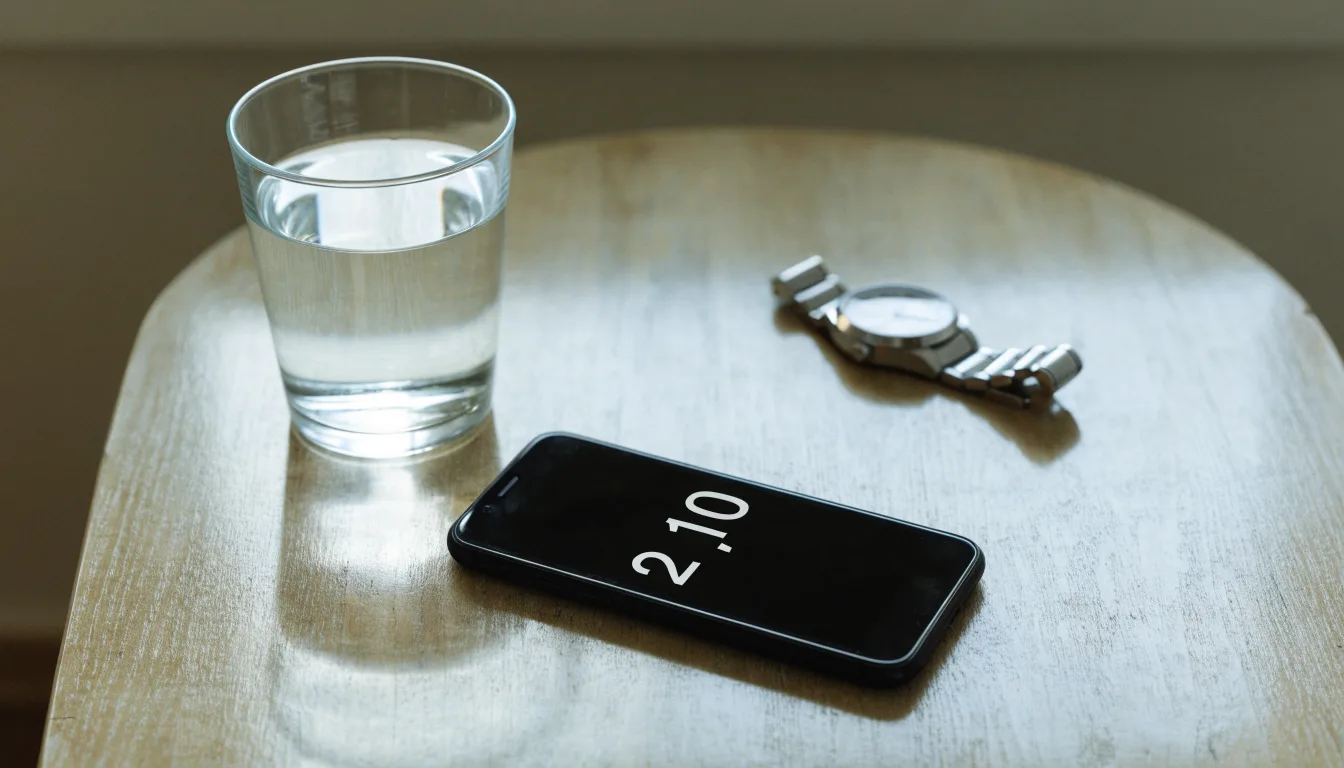 Ein Smartphone liegt mit dem Display nach unten auf einem Küchentisch, daneben stehen ein Glas Wasser und eine Armbanduhr.