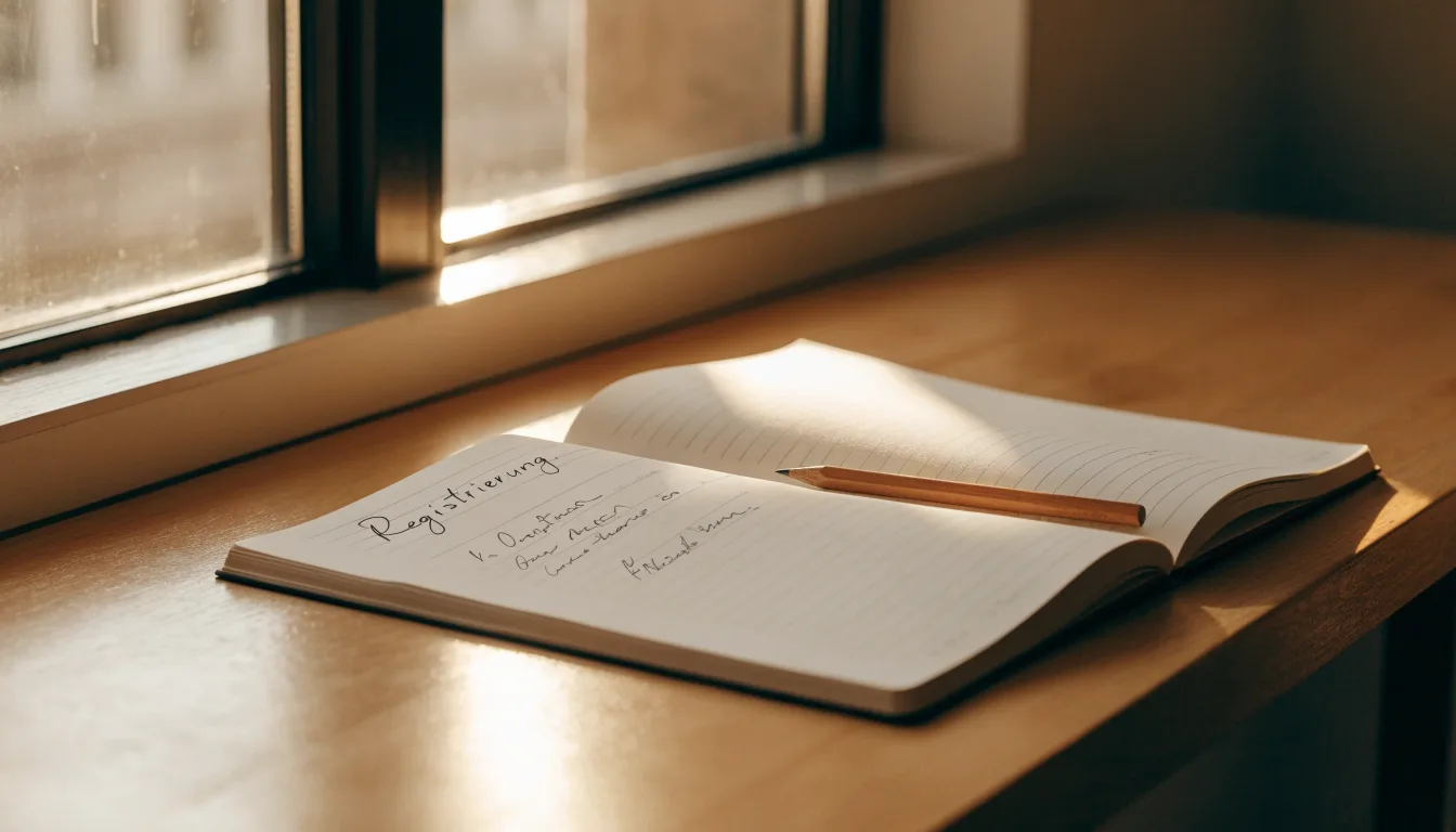 Ein Notizbuch mit handschriftlichen Notizen und ein Bleistift liegen auf einem Schreibtisch am Fenster, draußen fällt Morgenlicht herein.