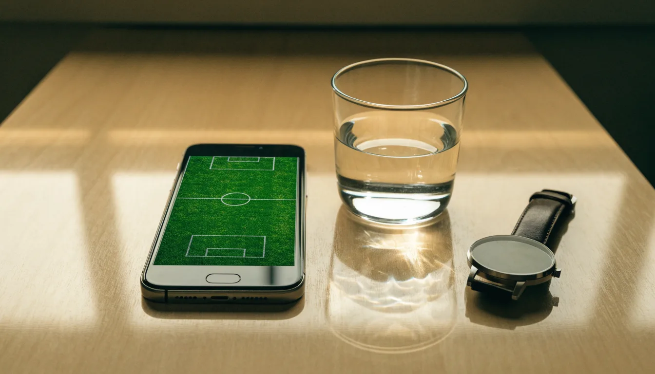 Ein Smartphone liegt mit dem Display nach unten auf einem Küchentisch, daneben stehen ein Glas Wasser und eine Armbanduhr.