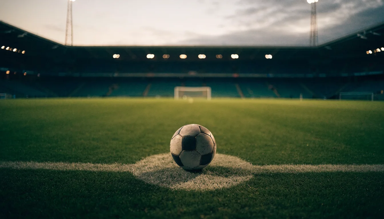 Ein Fußball liegt auf dem Anstoßpunkt eines leeren Rasenplatzes, im Hintergrund steht ein Stadion unter Flutlicht in der Dämmerung.