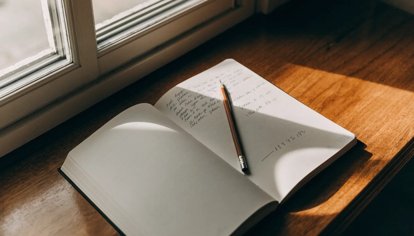 Ein Notizbuch mit handschriftlichen Notizen und ein Bleistift liegen auf einem Schreibtisch am Fenster, draußen fällt Morgenlicht herein.
