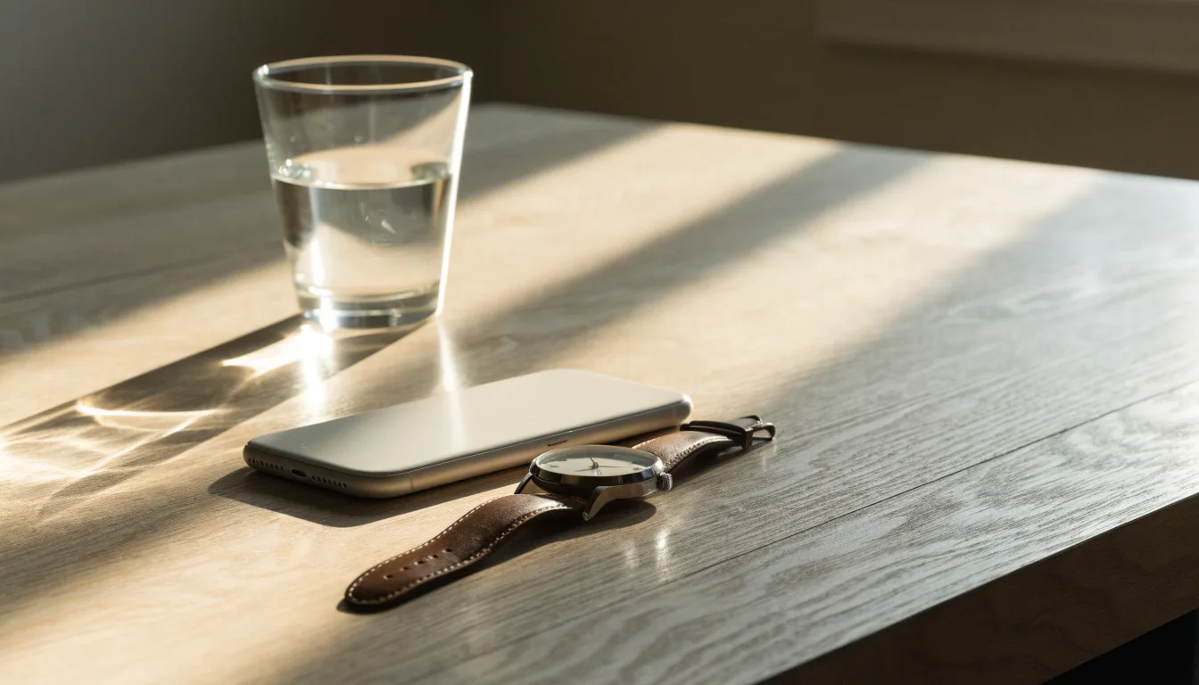 Ein Smartphone liegt mit dem Display nach unten auf einem Küchentisch, daneben stehen ein Glas Wasser und eine Armbanduhr.