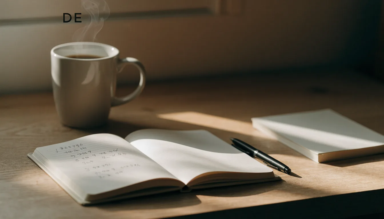 Ein Notizbuch mit handschriftlichen Rechnungen und ein Taschenrechner liegen auf einem Schreibtisch neben einer Tasse Kaffee im Licht des frühen Morgens.