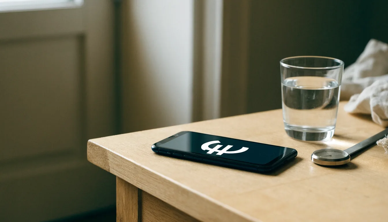 Ein Smartphone liegt mit dem Display nach unten auf einem Küchentisch, daneben stehen ein Glas Wasser und eine Armbanduhr.