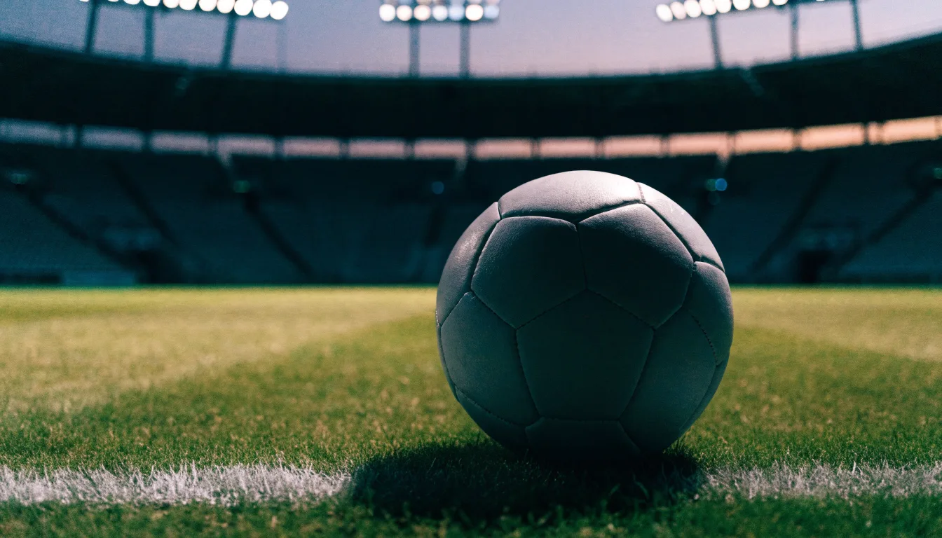 Ein Fußball liegt auf dem Rasen eines leeren Platzes, im Hintergrund ein Stadion unter Flutlicht in der Abenddämmerung.