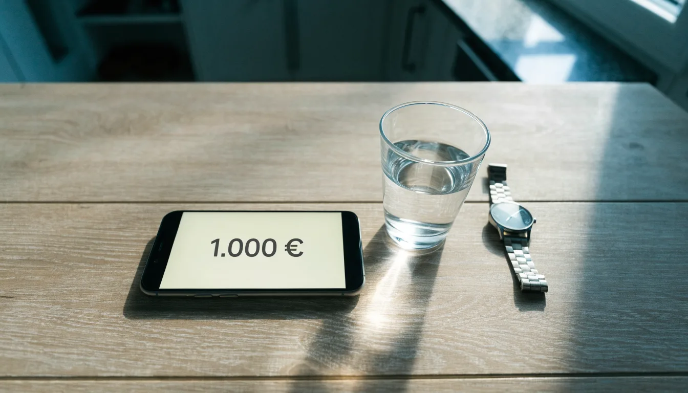 Ein Smartphone liegt mit dem Display nach unten auf einem Küchentisch, daneben stehen ein Glas Wasser und eine Armbanduhr.