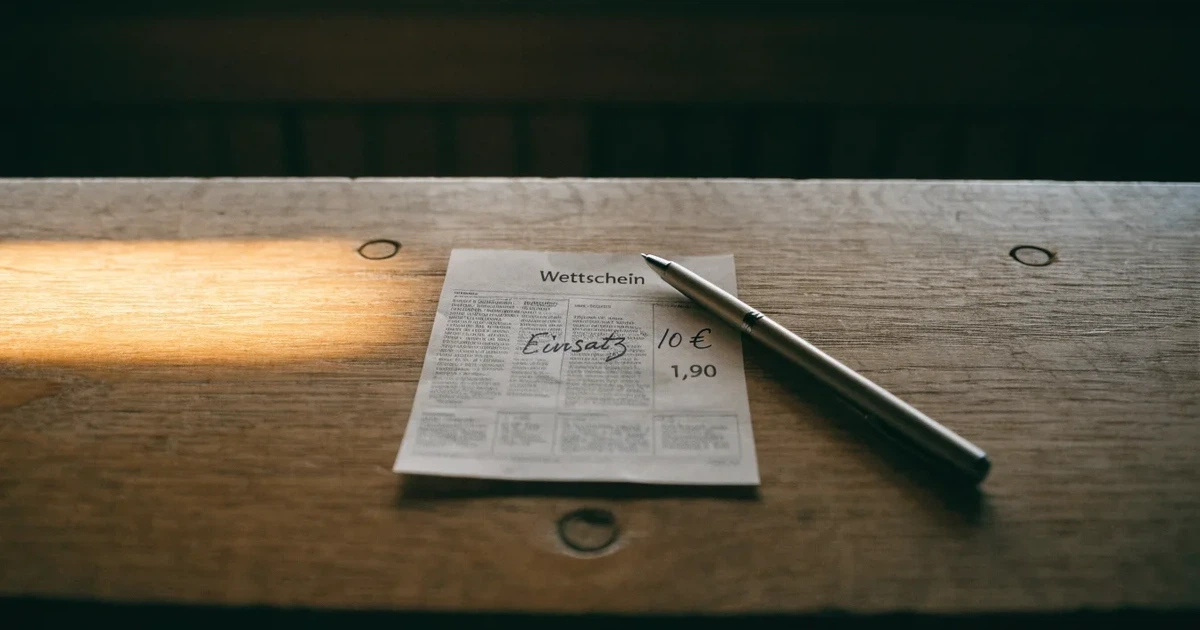 Ein leerer Wettschein aus Papier liegt neben einem Stift auf einer hölzernen Theke, weiches Licht fällt von der Seite ein.