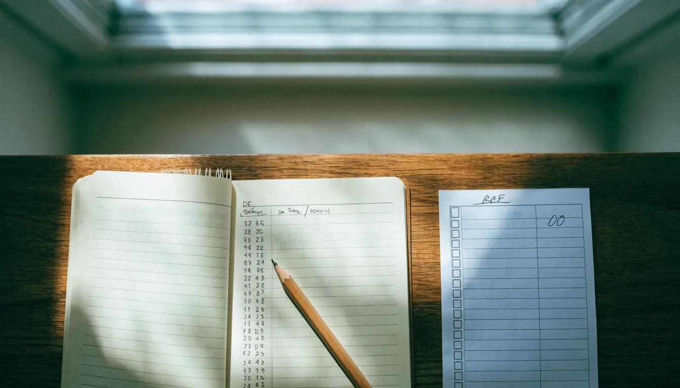 Ein Notizbuch mit handschriftlichen Notizen und ein Bleistift liegen auf einem Schreibtisch am Fenster, draußen fällt Morgenlicht herein.
