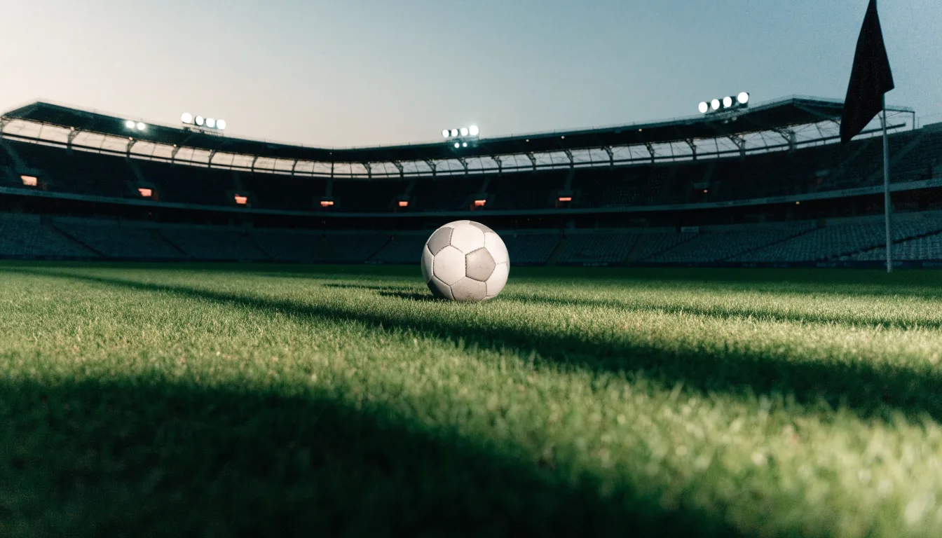 Ein Fußball liegt auf dem Anstoßpunkt eines leeren Rasenplatzes, im Hintergrund steht ein Stadion unter Flutlicht in der Dämmerung.