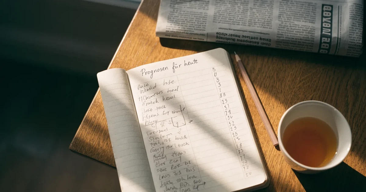 Ein Notizbuch mit handschriftlichen Notizen und Pfeilen liegt aufgeschlagen auf einem Schreibtisch, daneben ein Bleistift und eine Tasse Tee.