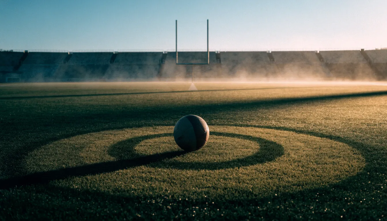 Ein Fußball liegt auf dem Anstoßpunkt eines leeren Rasenplatzes in der Morgendämmerung, im Hintergrund eine leere Tribüne.