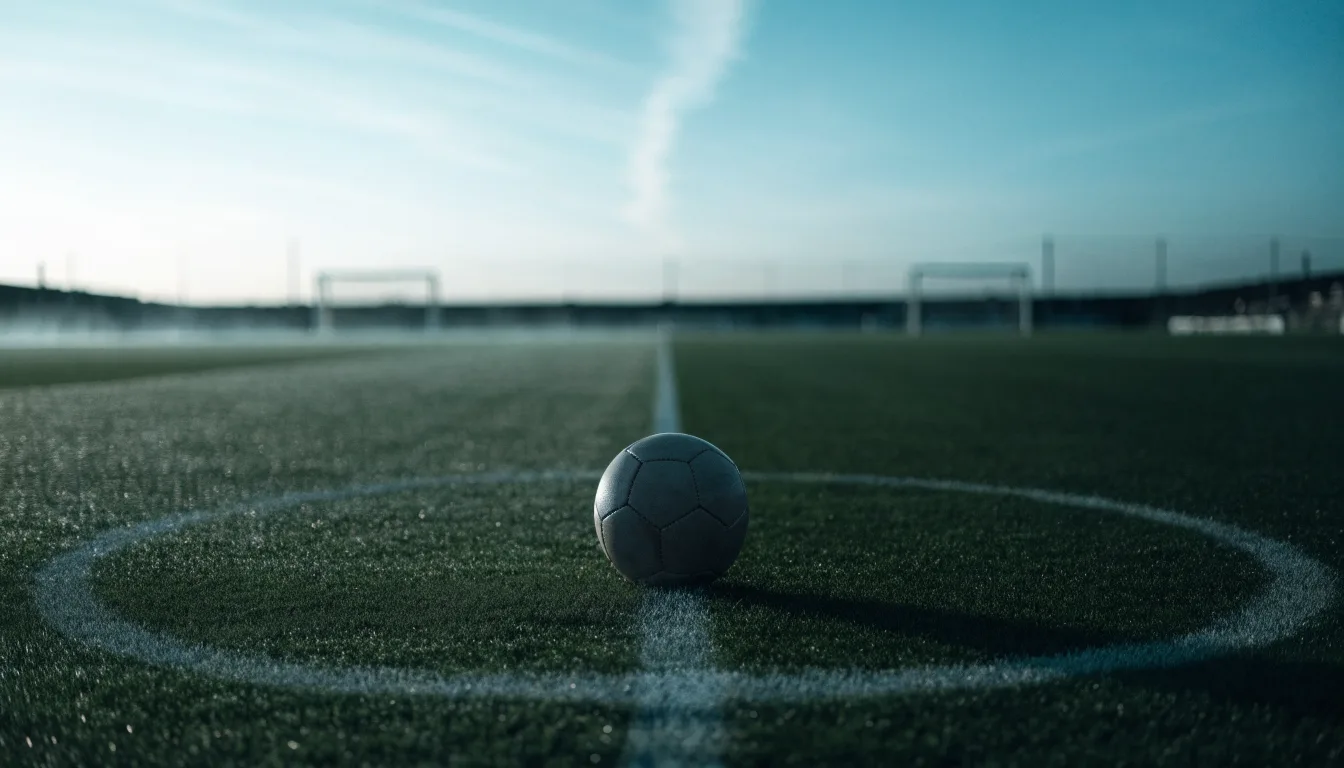 Ein Fußball ruht auf dem Mittelkreis eines leeren Rasenplatzes in der Morgendämmerung, Tau liegt auf dem Gras.