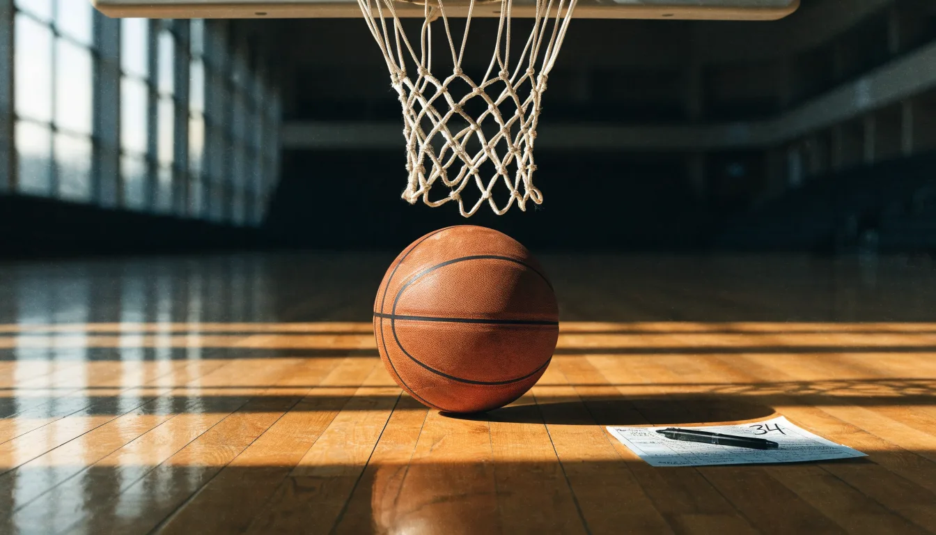 Ein Basketball liegt auf dem Hallenboden unter einem Korb, das Netz hängt ruhig, Morgenlicht fällt durch hohe Fenster.