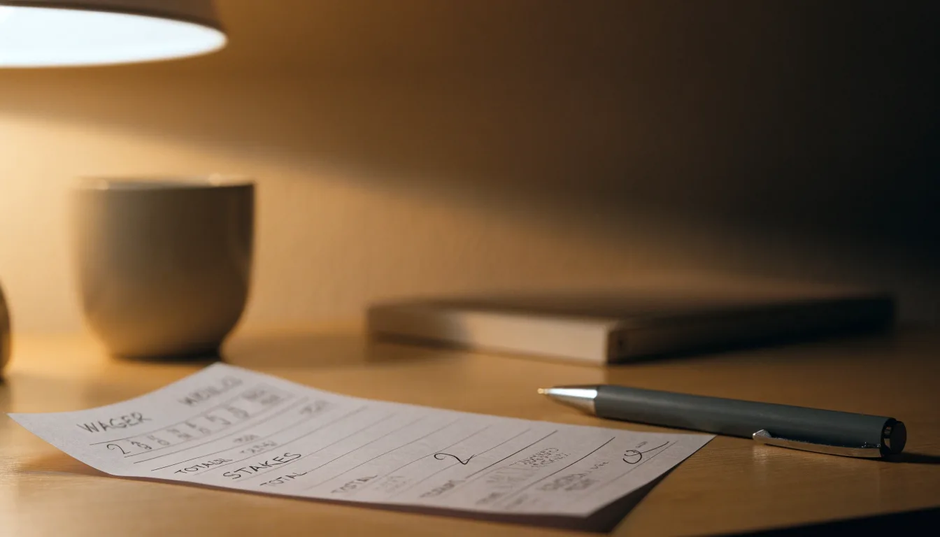 Ein leerer Wettschein aus Papier und ein Kugelschreiber liegen auf einer Tischplatte neben einer kleinen Tischlampe.