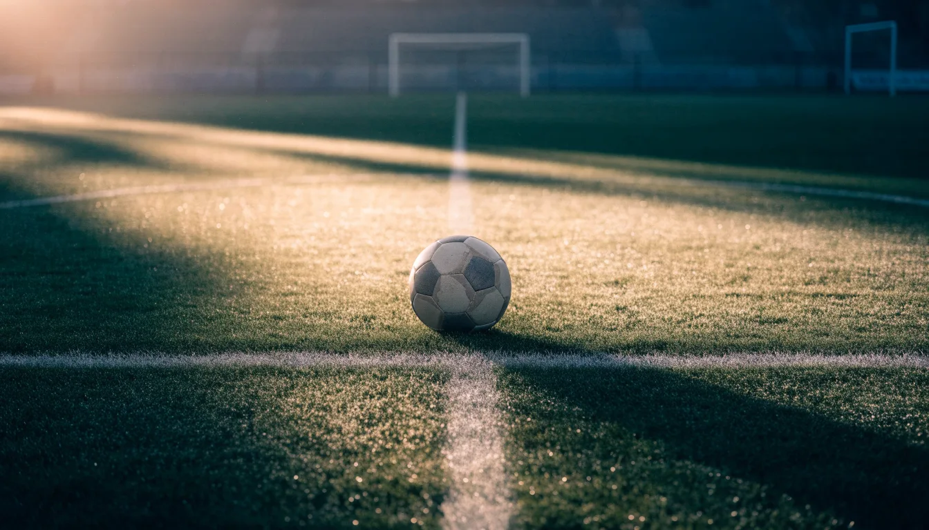 Ein Fußball liegt auf dem Anstoßkreis eines leeren Rasenplatzes im Licht der Morgensonne.