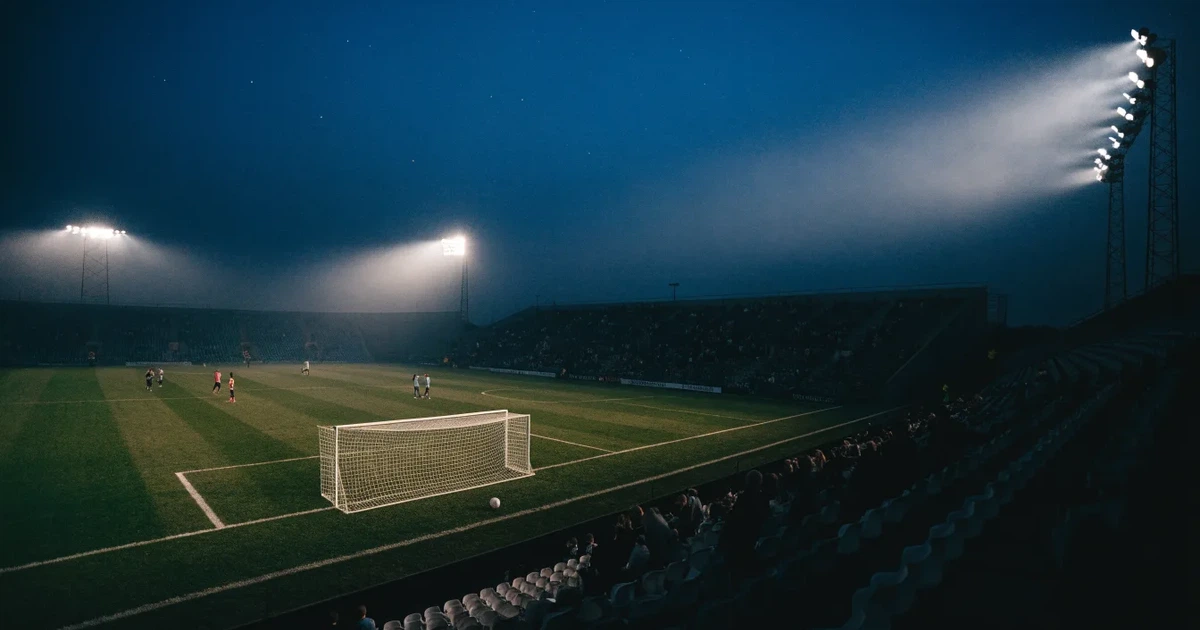 Ein Fußballstadion unter Flutlicht aus großer Entfernung, davor ein dunkler Parkplatz und ein heller Abendhimmel.