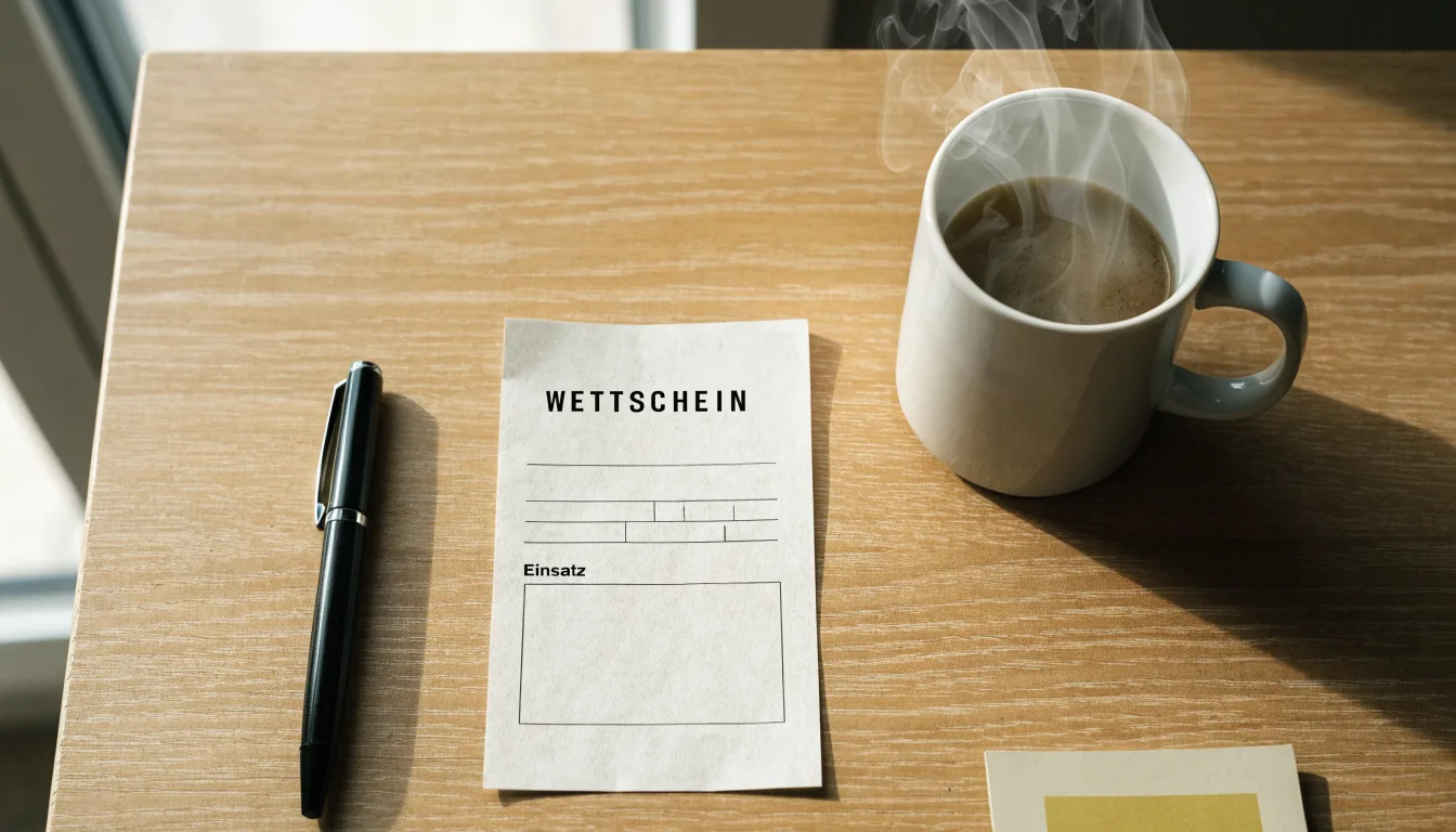 Ein leerer Wettschein aus Papier liegt neben einem Kugelschreiber und einer Tasse auf einem hellen Holztisch.