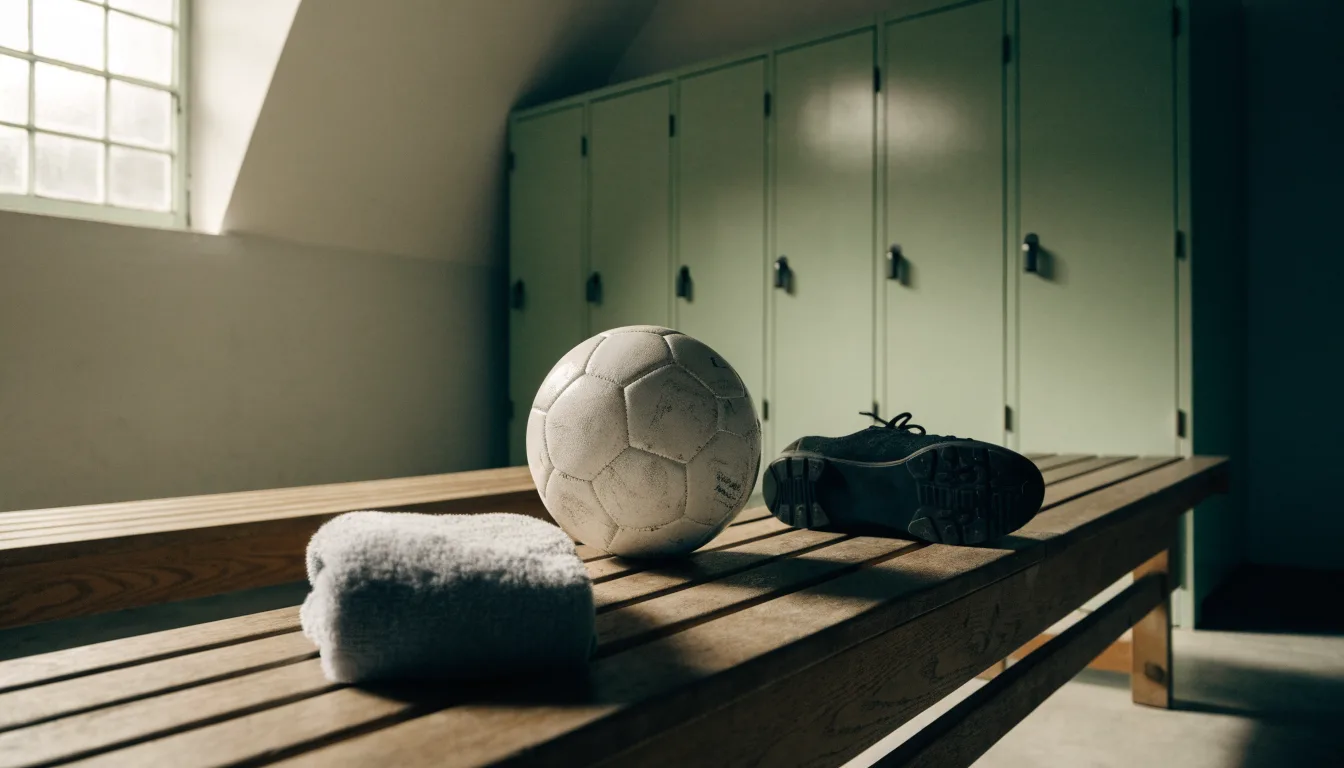 Ein Fußball liegt neben einem Paar Fußballschuhen ohne Markenzeichen auf einer Holzbank in einer leeren Umkleide.