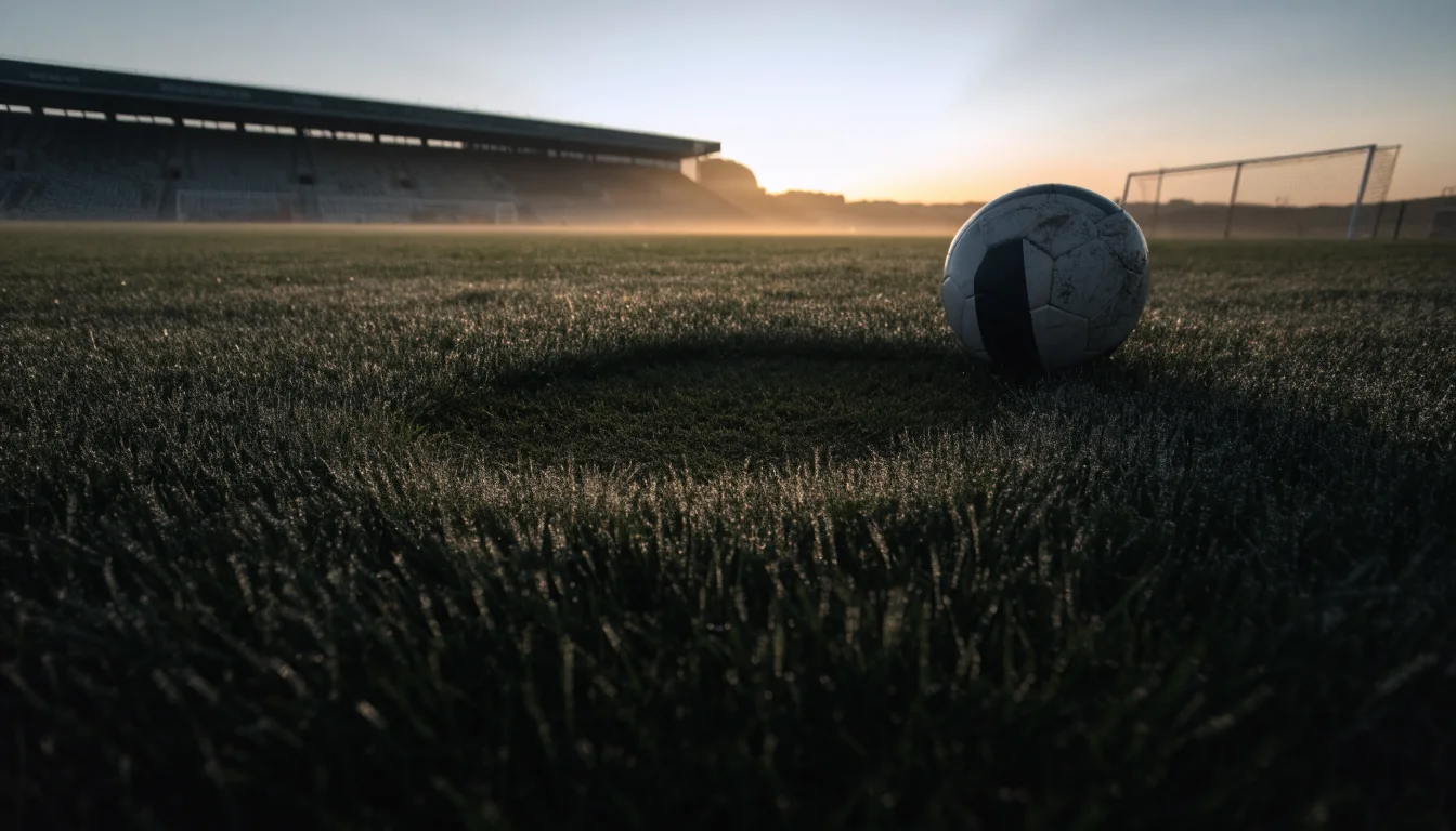 Ein Fußball liegt auf dem Anstoßpunkt eines leeren Rasenplatzes in der Morgendämmerung, im Hintergrund eine leere Tribüne.