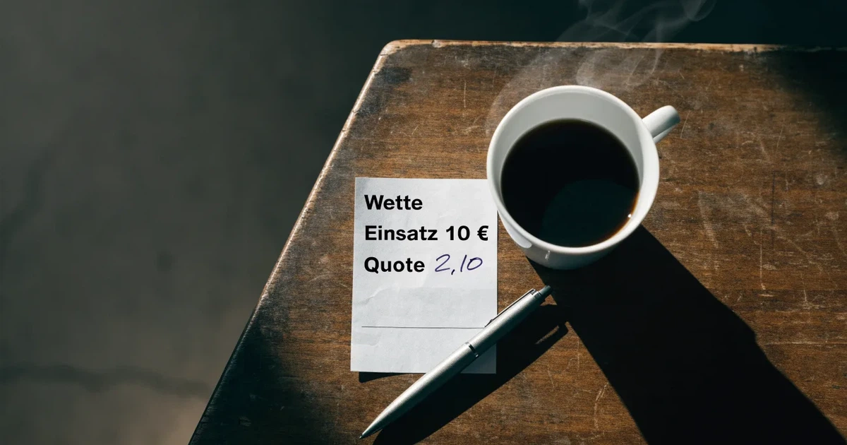 Ein leerer Wettschein aus Papier liegt neben einem Kugelschreiber und einer Tasse Kaffee auf einem Tisch, Aufnahme von oben.