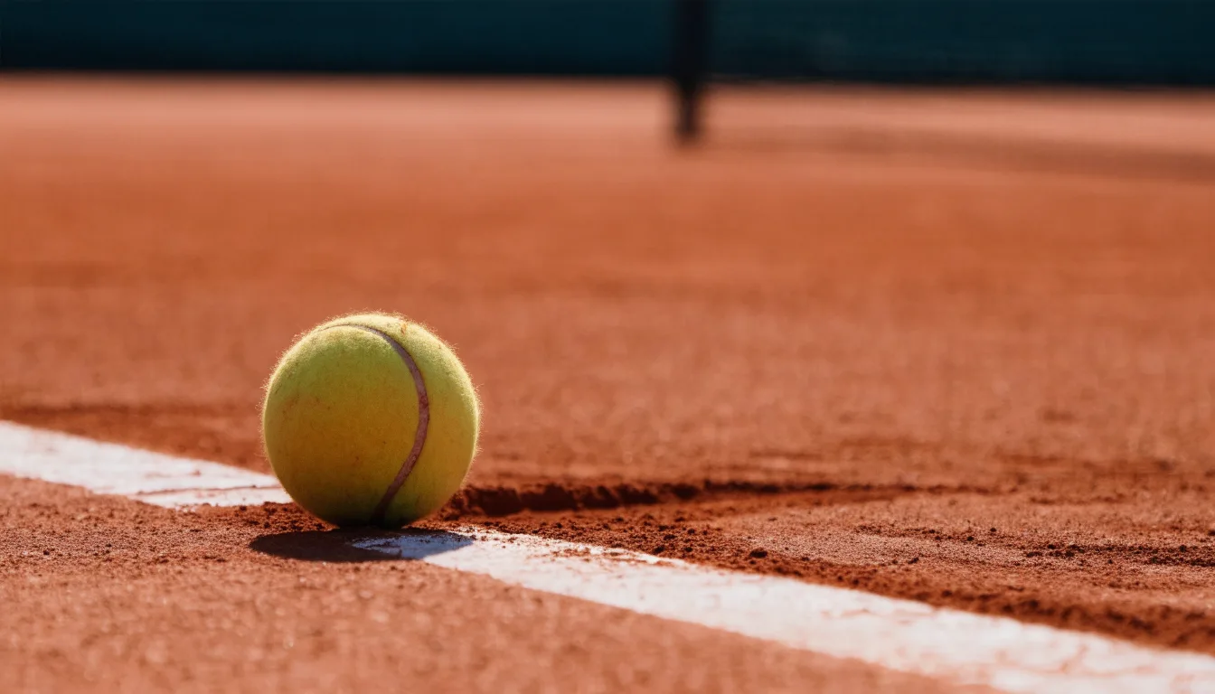 Ein einzelner Tennisball liegt auf rotem Sand neben einer weißen Linie, geringe Schärfentiefe.
