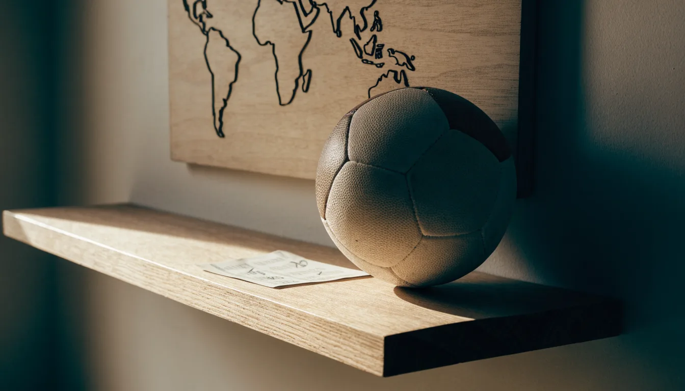 Eine Weltkarte aus Holz hängt an einer Wand, davor liegt ein Fußball auf einem Regal, ohne erkennbare Beschriftung.