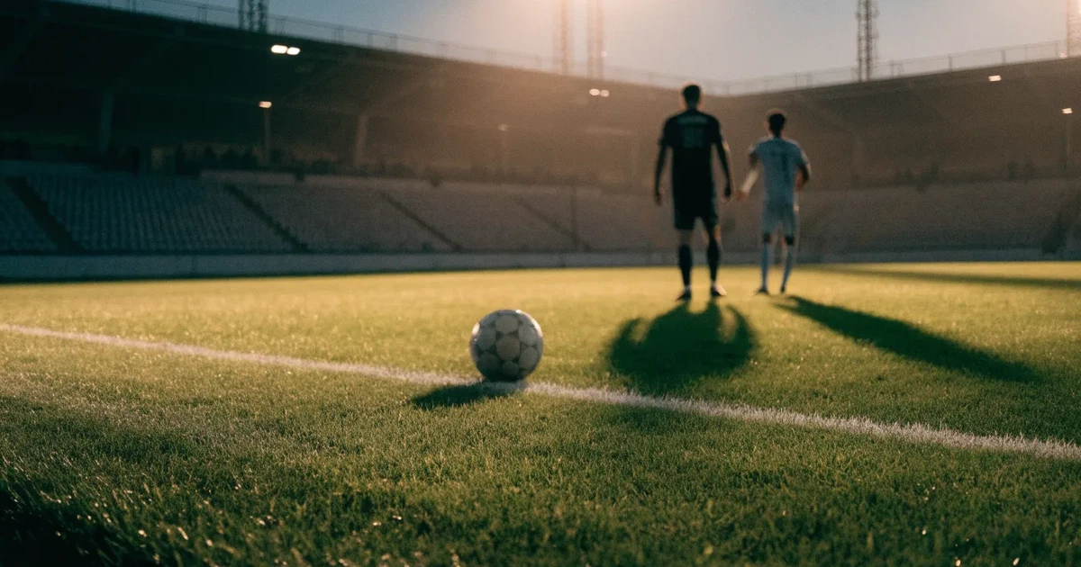 Ein Fußballplatz mit frisch gemähtem Rasen im Abendlicht, ein Ball liegt im Strafraum, im Hintergrund unscharf eine leere Tribüne.