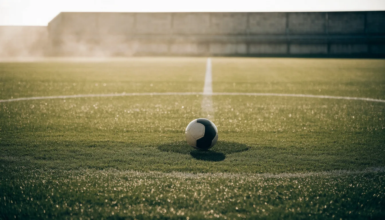 Ein Fußball liegt auf dem Anstoßpunkt eines leeren Rasenplatzes im frühen Morgenlicht, dahinter eine leere Tribüne.