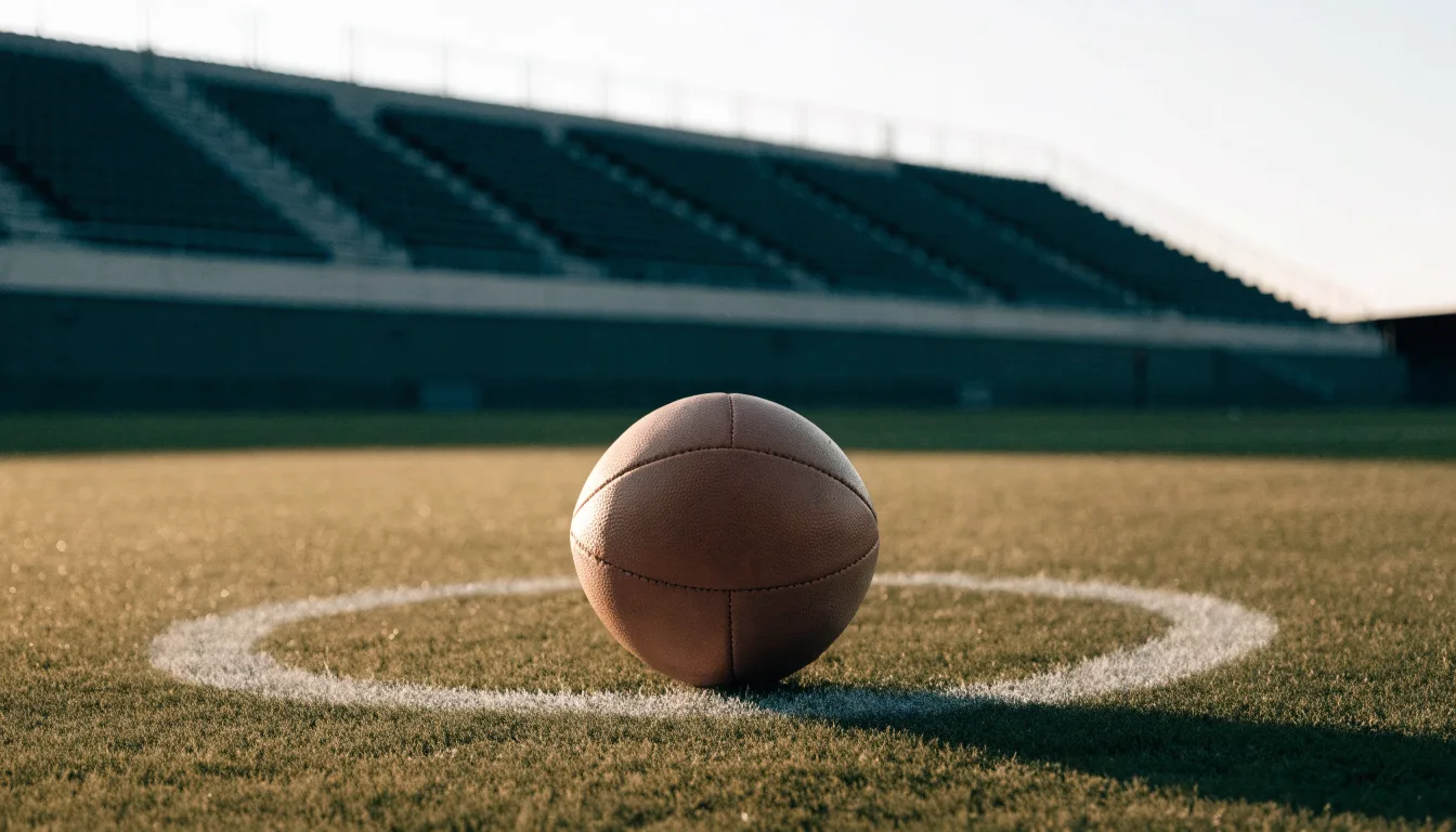 Ein Fußball liegt auf dem Anstoßpunkt eines leeren Rasenplatzes im frühen Morgenlicht, dahinter eine leere Tribüne.