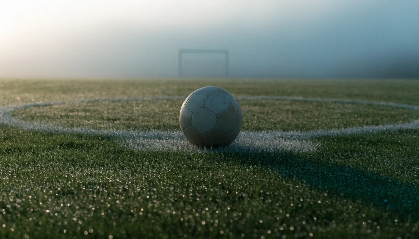 Ein Fußball ruht auf dem Mittelkreis eines leeren Rasenplatzes in der Morgendämmerung, Tau liegt auf dem Gras.