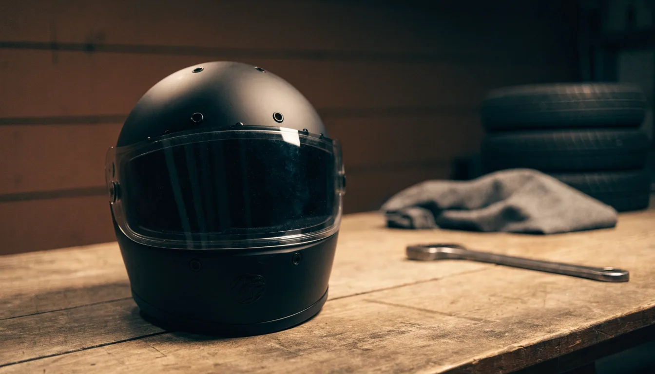Ein schwarzer Motorradhelm ohne Aufdruck liegt auf einer Werkbank neben einem Schraubenschlüssel, warmes Licht einer Werkstatt.