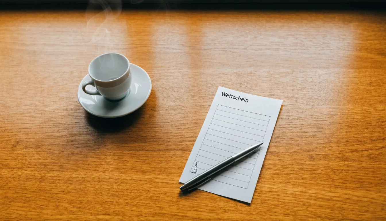 Ein leerer Wettschein aus Papier liegt neben einem Kugelschreiber und einer Tasse Kaffee auf einem Holztisch, Aufnahme von oben.