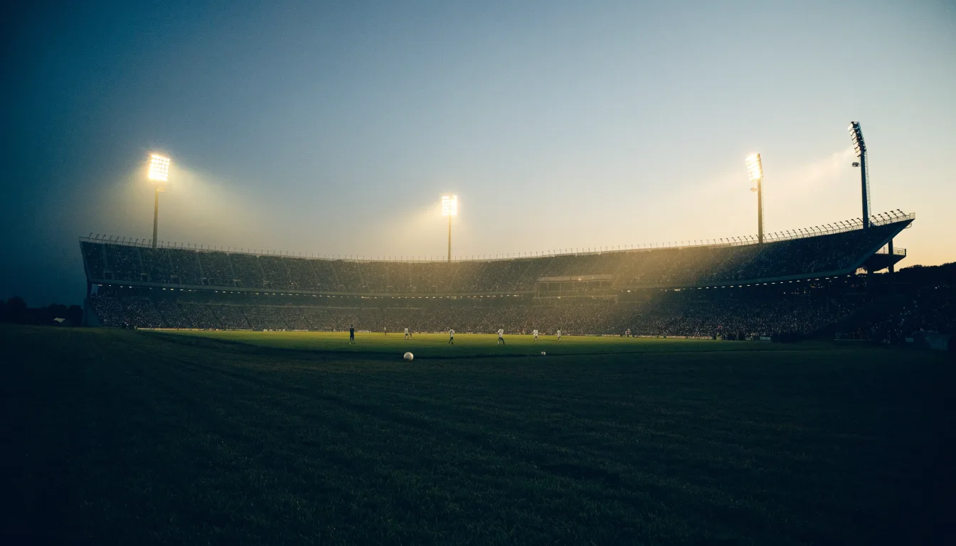 Ein großes Stadion unter Flutlicht, aus der Ferne über eine dunkle Wiese gesehen, die Lichtmasten spiegeln sich im Dunst der Abenddämmerung.